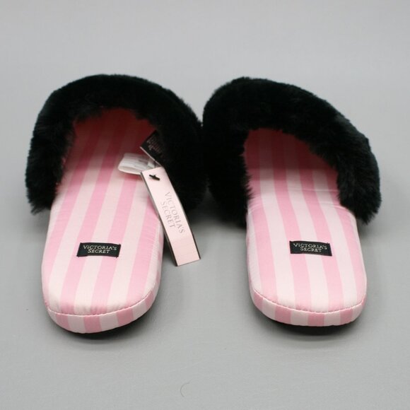 Victoria's Secret Ladies 9-10 L Pink Stripe Faux-Fur Satin House Shoes Slippers - Picture 4 of 10